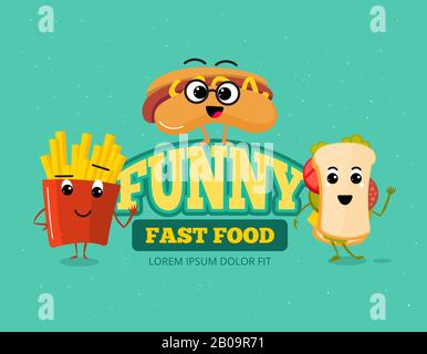 Felice fast food comic personaggi sfondo vettore. Fast food cartone animato sandwich e hot dog, illustrazione di fast food divertente Illustrazione Vettoriale