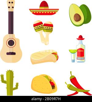Cucina messicana Cartoon verdure, cibo e bevande vettore stock menu icone. Cucina messicana tradizionale, illustrazione di tequila bevanda messicana e peperoncino Illustrazione Vettoriale