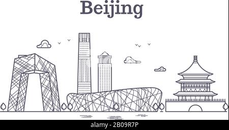 Cina pechino linea panoramica skyline vettore illustrazione. Pechino città panoramica, famosa architettura di pechino Illustrazione Vettoriale