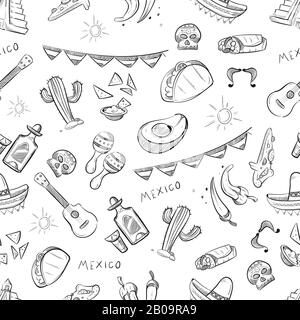 Cibo messicano tradizionale, elementi di cultura del messico vettore senza cuciture modello. Sfondo artistico messicano abbribbling, illustrazione della tradizione messicana schizzo Illustrazione Vettoriale