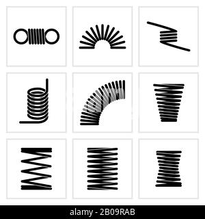 Icone vettoriali elastiche a spirale in metallo con filo flessibile. Spirale elastica flessibile, illustrazione della molla elicoidale Illustrazione Vettoriale