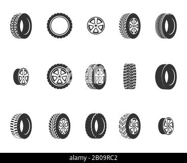 Pneumatici, dischi ruota icone vettore di servizio automatico. Ruota nera automatica, illustrazione della ruota in gomma dell'automobile Illustrazione Vettoriale