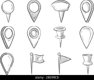 Puntatori di mappa disegnati a mano, set di vettori pin di navigazione doodle. Disegno del perno di riferimento, illustrazione dell'etichetta del perno di direzione impostata Illustrazione Vettoriale