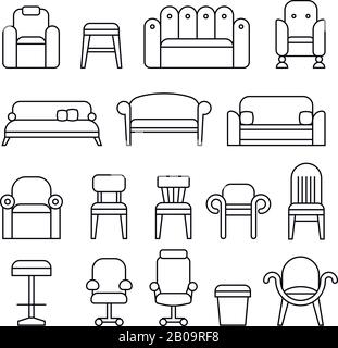 Mobili, sedia, poltrona, salotto, divano, icone vettori linea divano. Mobili lineari per sedersi, illustrazione di mobili per interni Illustrazione Vettoriale
