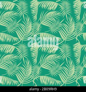 Vector Beach senza cuciture con foglie di palme tropicali. Sfondo con palma da albero, illustrazione di albero esotico giungla Illustrazione Vettoriale