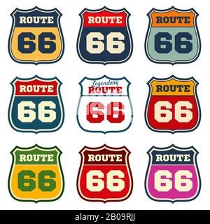 Route 66, emblemi vettori vintage US. Cartello autostradale per il trasporto, cartello stradale ed emblema per l'illustrazione del viaggio Illustrazione Vettoriale