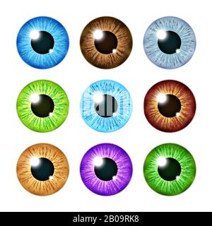 Set realistico di pupille multicolori a iride. Bulbo oculare di colore umano, illustrazione del bulbo oculare verde e blu Illustrazione Vettoriale