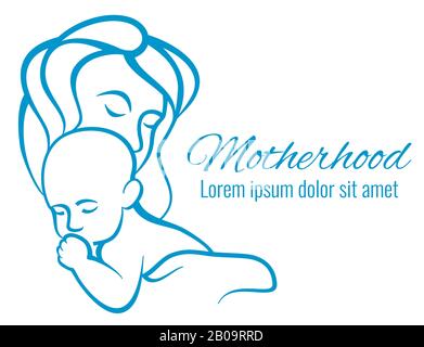 Mamma e bambino ritratto, madri cura e amore maternità profilo silhouette vettore concetto. Bambino con amore madre disegno lineare illustrazione Illustrazione Vettoriale