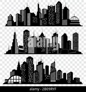 Paesaggi della città, edifici dello skyline della città, grandi sagome della città vettore set. Edificio di colore nero, silhouette di moderno grattacielo illustrazione dell'edificio Illustrazione Vettoriale