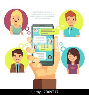 Smartphone portatile con chat online con gli amici. Chat mobile, social network, messaggistica istantanea sms Vector Concept. Comunicazione Internet con gli amici illustrazione Illustrazione Vettoriale