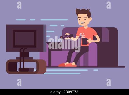 Uomo che guarda la TV e bere caffè sul divano in casa sala immagine vettore interno. Uomo sul divano guardare la tv, illustrazione di uomo in camera con schermo tv Illustrazione Vettoriale