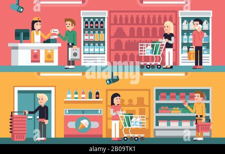 Shopping persone e contatore in interni super mercato, retail concetti vettoriali set. Supermercato negozio interno, illustrazione di supermercato interno con venditore e cassiere Illustrazione Vettoriale