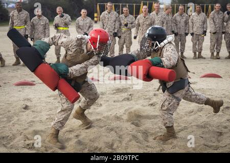 Reclute dei corpi marini degli Stati Uniti con Delta Company, 1st Recluta il battaglione di addestramento, partecipano alla formazione degli sticks di Virgilio al deposito Di Reclutamento dei corpi di marina 18 febbraio 2020 a San Diego, California. Foto Stock