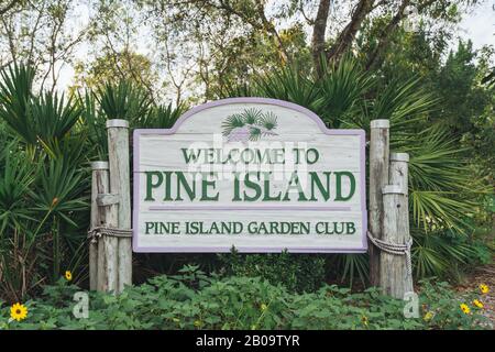 PINE ISLAND, FLORIDA - 17 GENNAIO 2020. Cartello dell'isola di pino. Foto Stock