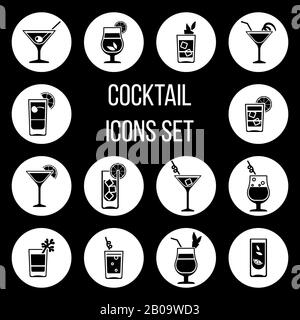 Icone vettoriali per cocktail in bianco e nero. Illustrazione di bevande alcoliche monocromatiche Illustrazione Vettoriale