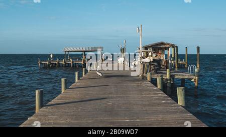 PINE ISLAND, FLORIDA - 17 GENNAIO 2020. Pelican e pescatori sul molo di Bokeelia. Foto Stock