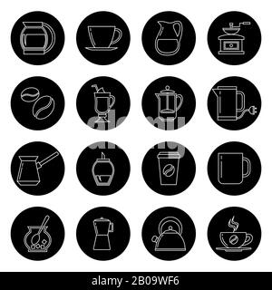 Le icone vettoriali della linea sottile del caffè sono impostate in bianco e nero. Illustrazione delle icone di raccolta lineari monocromatiche Illustrazione Vettoriale