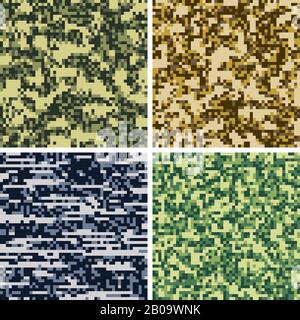 Camouflage militare, tessuto uniforme esercito vettori senza cuciture. Sfondo militare uniforme camouflage, illustrazione tessuto esercito camouflage pixel Illustrazione Vettoriale