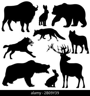 Il vettore nero delinea le silhouette degli animali selvatici della foresta. Raccolta di animali toro cervi e volpe, illustrazione di animali vari Illustrazione Vettoriale