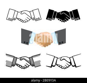 Stretta di mano, collaborazione commerciale, icone vettore accordo, Set di handshake colore e lineare, illustrazione di amicizia stretta di mano Illustrazione Vettoriale