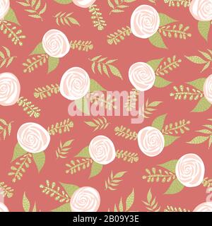 Rose bianche motivo vettoriale senza cuciture con piatto stilizzato fiori scandinavi in rosa e bianco su sfondo rosa. Estate o primavera decorative Illustrazione Vettoriale