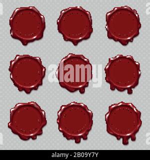 Set vettore di timbri in cera con sigillo retrò per certificato e documento. Raccolta della cera per timbri, illustrazione dell'etichetta con il timbro rosso sul certificato Illustrazione Vettoriale