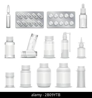 Bianco medicina bianco imballaggio farmaceutico mockups vettore. Bottiglie spray e farmaci. Farmaci isolati, illustrazione di flacone e fiala di farmaco Illustrazione Vettoriale
