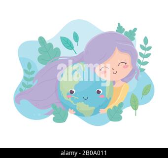 cute girl abbraccia mondo cartone animato fogliame ambiente ecologia vettore illustrazione Illustrazione Vettoriale