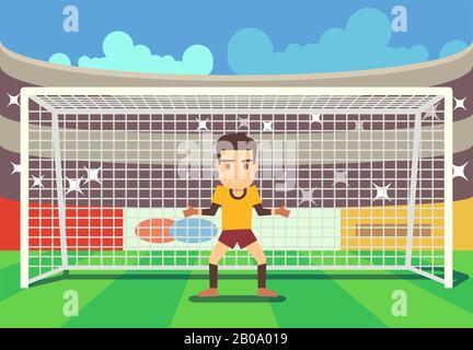 Portiere di calcio che tiene l'obiettivo sull'illustrazione del vettore dell'arena. Calcio giocatore di difesa Illustrazione Vettoriale