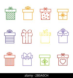 Scatole regalo multicolore vettore al compleanno o xmas icone linea sottile set illustrazione Illustrazione Vettoriale