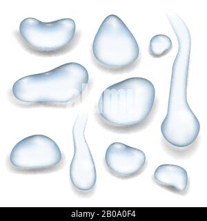 Grande realistico vettore gocce d'acqua isolato sfondo bianco. Set di illustrazione dell'acqua di goccia Illustrazione Vettoriale