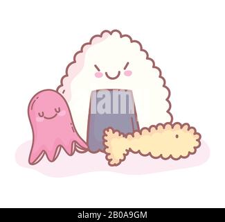 polpo di riso e tempura pesce cartone animato cibo carino vettore illustrazione Illustrazione Vettoriale