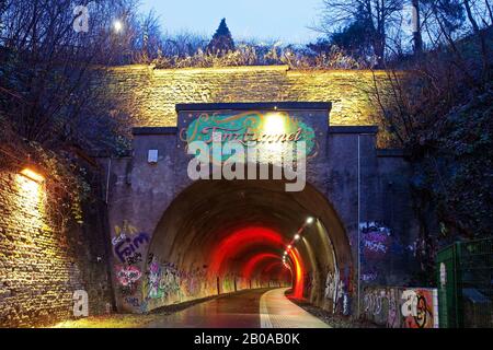 Tunnel Dorrenberg, 'Tanztunnel', ex ferrovia, ora pista ciclabile in serata, Germania, Renania Settentrionale-Vestfalia, Bergisches Land, Wuppertal Foto Stock