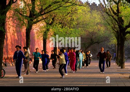 CINA, PECHINO, PERSONE CHE FANNO TAI CHI AL MURO DELLA CITTÀ PROIBITA Foto Stock