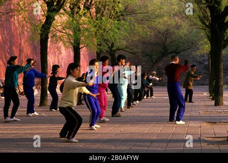 CINA, PECHINO, PERSONE CHE FANNO TAI CHI AL MURO DELLA CITTÀ PROIBITA Foto Stock