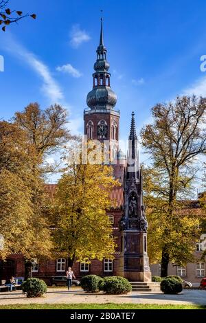 Greifswald, Germania, 10/12/2018: Monumento a Rubenow a Greifswald con Cattedrale di San Nicola, Germania Foto Stock