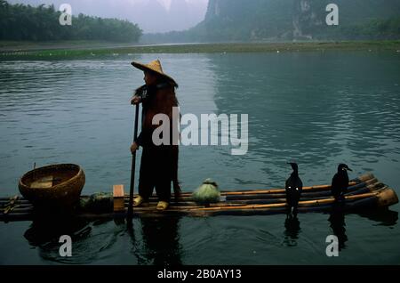 CINA, PROVINCIA DI GUANGXI, VICINO GUILIN, XING PING, FIUME LI, PIOGGIA, PESCATORE SU ZATTERA DI BAMBÙ, CORMORANI Foto Stock