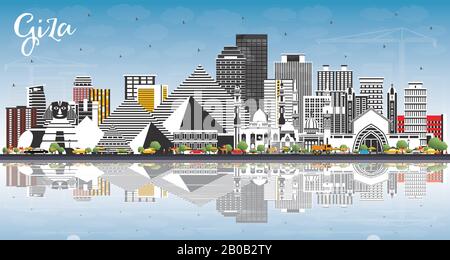 Giza Egitto Città Skyline Con Edifici Grigi, Cielo Blu E Riflessi. Illustrazione Vettoriale. Concetto Di Viaggio D'Affari E Turismo. Illustrazione Vettoriale