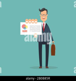 Uomo d'affari in abito blu tenere un biglietto da visita sulla sua mano. Illustrazione vettoriale in design piatto. Illustrazione Vettoriale