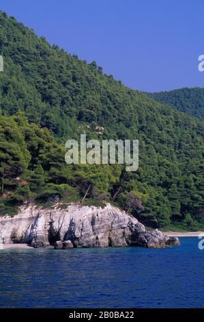 GRECIA, MAR EGEO, SKOPELOS, VICINO A MILIA BEACH, PINETA E SCOGLIERE Foto Stock