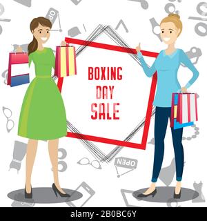 Due cartoni animati, donna felice in piedi con borse di shopping,Boxing day sale Concept.Stock Vector illustrazione Illustrazione Vettoriale