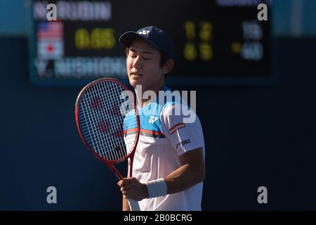 Delray Beach, Florida, Stati Uniti. 19th Feb, 2020. 19 febbraio - Delray Beach: Yoshihito Nishioka (JPN) festeggiando qui, sconfigge Noah Rubin (USA) durante il secondo round al 2020 Delray Beach Open by Vitacost.com a Delray Beach, Florida.(Photo credit: Andrew Patron/Zuma Press Newswire) Credit: Andrew Patron/ZUMA Wire/Alamy Live News Foto Stock