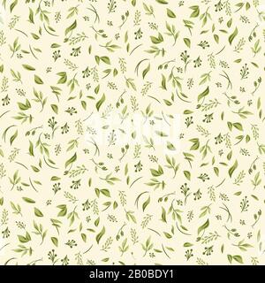 Fogliame modello senza cuciture con piante e foglie. Sfondo verde vettoriale e bianco denso. Illustrazione Vettoriale