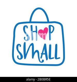 Shop Small - Support Small business, buy family business . Illustrazioni vettoriali piatte su sfondo bianco. Elemento per etichette, adesivi o icone, t-shi Illustrazione Vettoriale