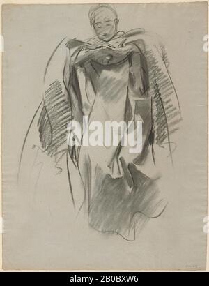 John Singer Sargent, Studio Di Drappeggio, Ca. 1910-1916, carbone su carta di colore grigio-blu, 23 13/16 in. x 18 5/16 in. (60,48 cm x 46,51 cm), Nel 1890, l'architetto Charles McKim ha assicurato John Singer Sargent come progettista del 'Trionfo della religione', il ciclo murale nella biblioteca pubblica di Boston. Sargent terminò il lavoro nel 1919. In preparazione della decorazione su larga scala, Sargent ha creato centinaia di grandi studi di carbone basato sulla sua osservazione di modelli e poi coordinato la dimensione, la posizione, la forma, e la prospettiva delle scene figurative. Il carbone facilita i segni rapidi, scuri, gesturali pure Foto Stock