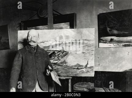 Artista sconosciuto, Fotografia: Winslow Homer con 'il torrente del Golfo' nel suo studio a Prouts..., ca. 1900, stampa albume, 4 11/16 in. x 6 3/4 in. (11,91 cm x 17,15 cm Foto Stock