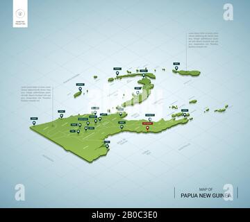 Mappa stilizzata di Papua Nuova Guinea. Mappa verde isometrica 3D con città, confini, capitale, regioni. Illustrazione del vettore. Livelli modificabili chiaramente etichettati. Illustrazione Vettoriale