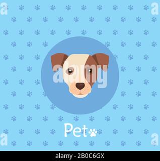 faccia di cane bianco con macchia marrone sullo sfondo con pawprints Illustrazione Vettoriale
