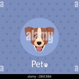faccia di cane marrone con macchia bianca sullo sfondo con pawprints Illustrazione Vettoriale