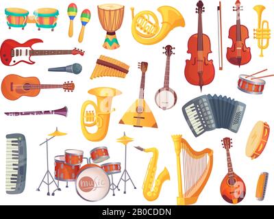 Strumenti musicali cartoon, chitarre, batteria bongo, violoncello, sassofono, microfono, drum kit isolato. Raccolta vettoriale di strumenti musicali Illustrazione Vettoriale